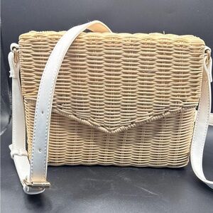 Wicker Rattan Box Crossbody Bag White Strap Boho Summer Resort
